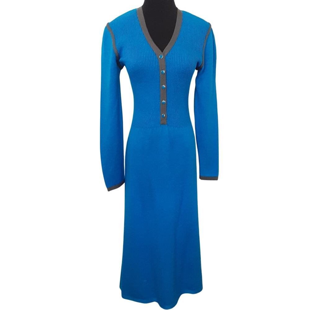 Vintage 80s Button Front Knit Midi Dress Blue Santana Knit V Neck Womens 10